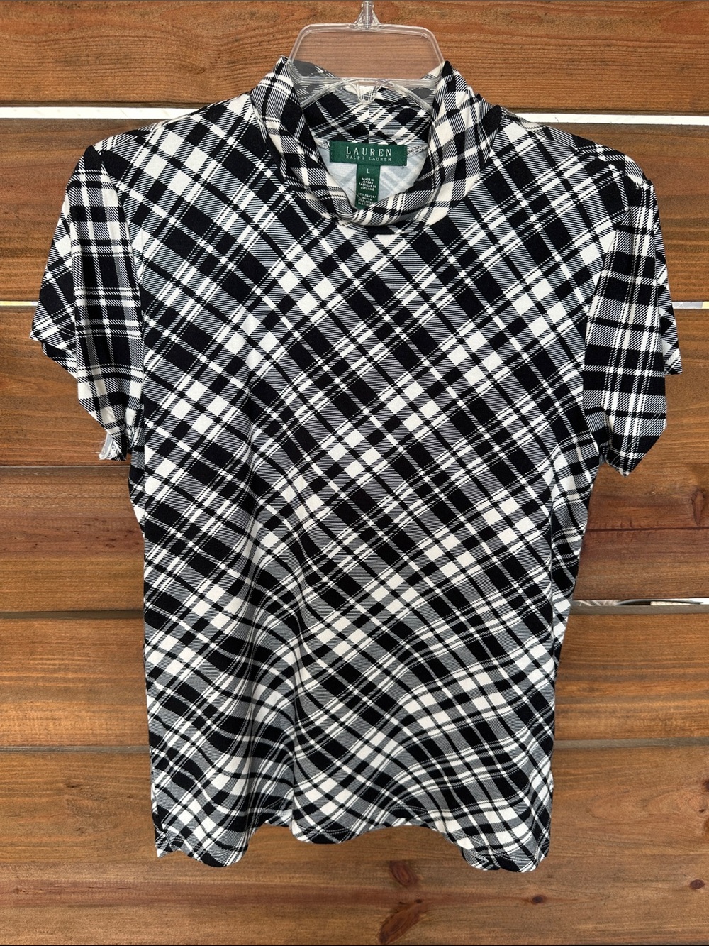 NWT Lauren Ralph Lauren black white plaid mock neck short sleeve top Large
